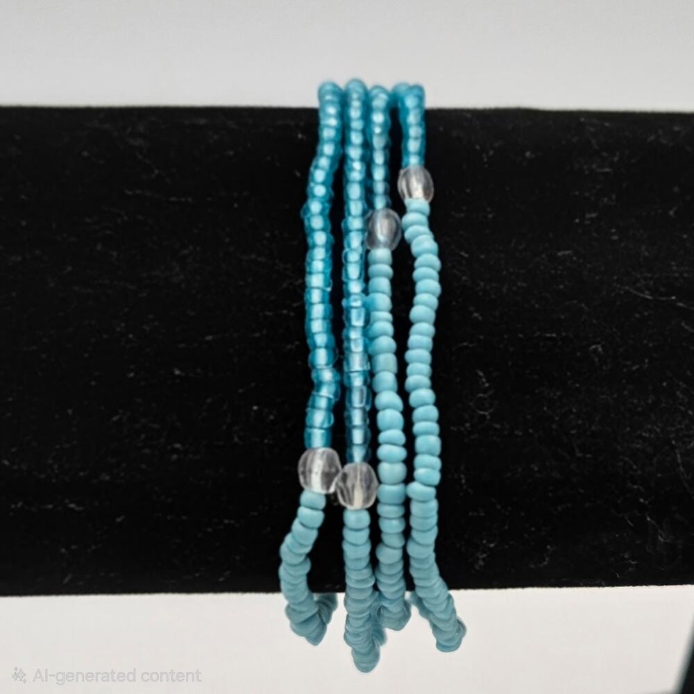 Four Strands of Two Types of Blue Beads and Clear Beads Stretchy Band Boho